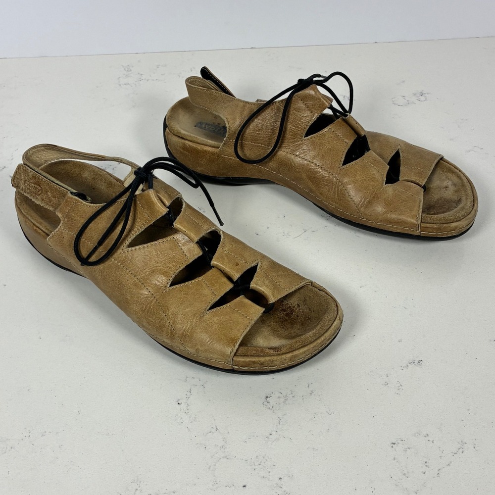 Wolky Sandals 41 Tan Leather Lace Up Comfort Walking Cutout Shoes Boho Lagenlook